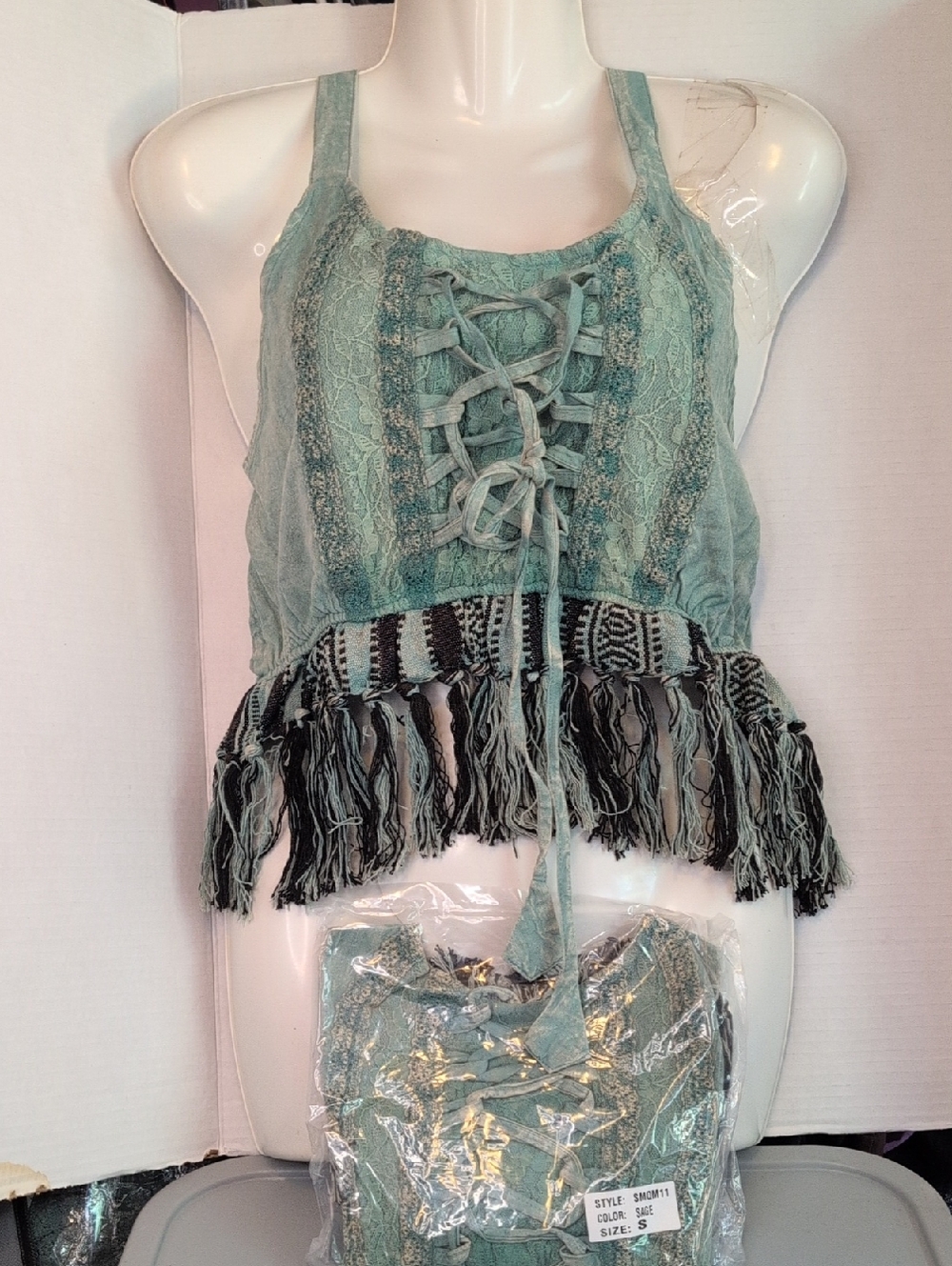 POL Sage Green Lace-Up Fringe Festival Tank Top🥰 Just In 🧑‍🎤NIB❣️